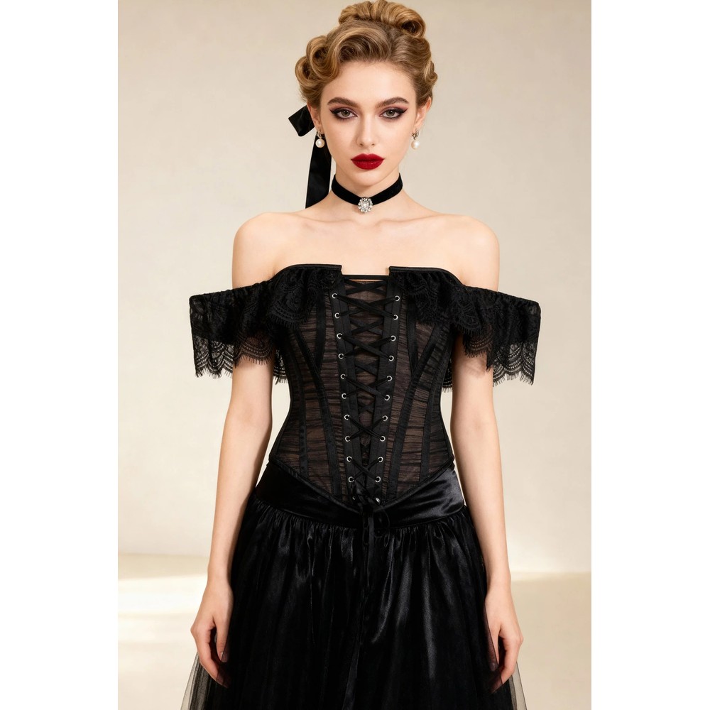 Attitude Corsets - Jazmina Rococo Off Shoulder Vollbrust Korsett - Schwarz